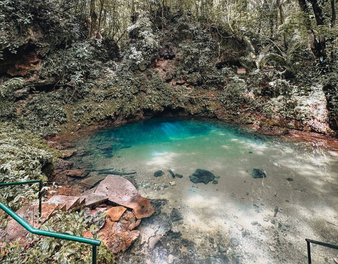 The turquoise pool of St. Herman's Blue Hole beneath a forested limestone wall