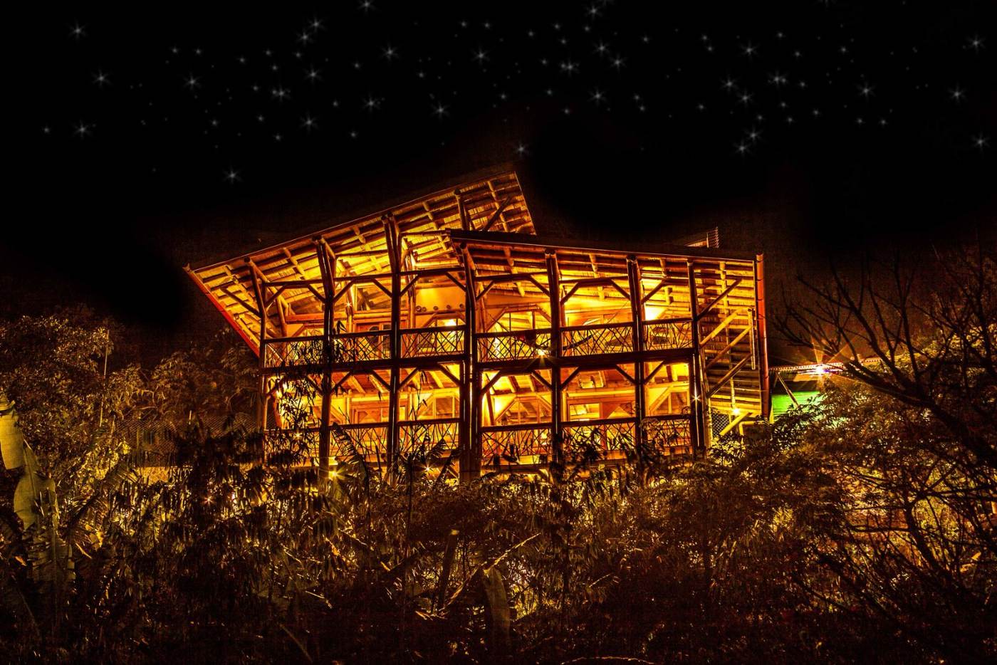 Bambu Guest House lit up at night, its bamboo frame glowing above the trees